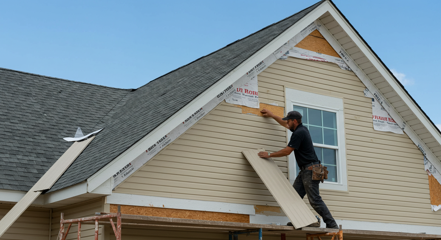 Roofer installing siding on a house under a clear blue sky.