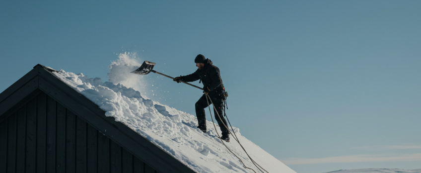 A person is clearing snow off a roof using a shovel