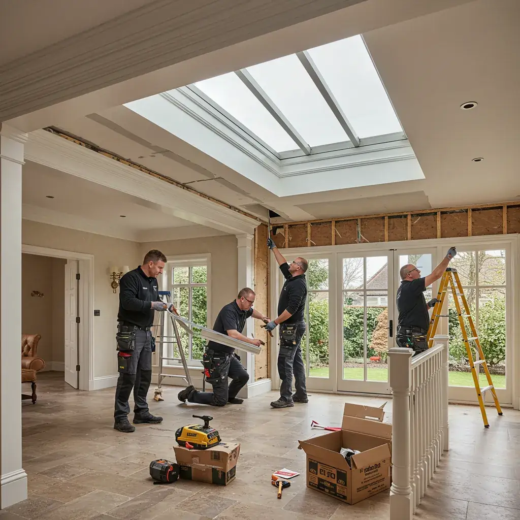 Four workers installing a large rectangular skylight in a ceiling inside a house, with tools and ladders around them.