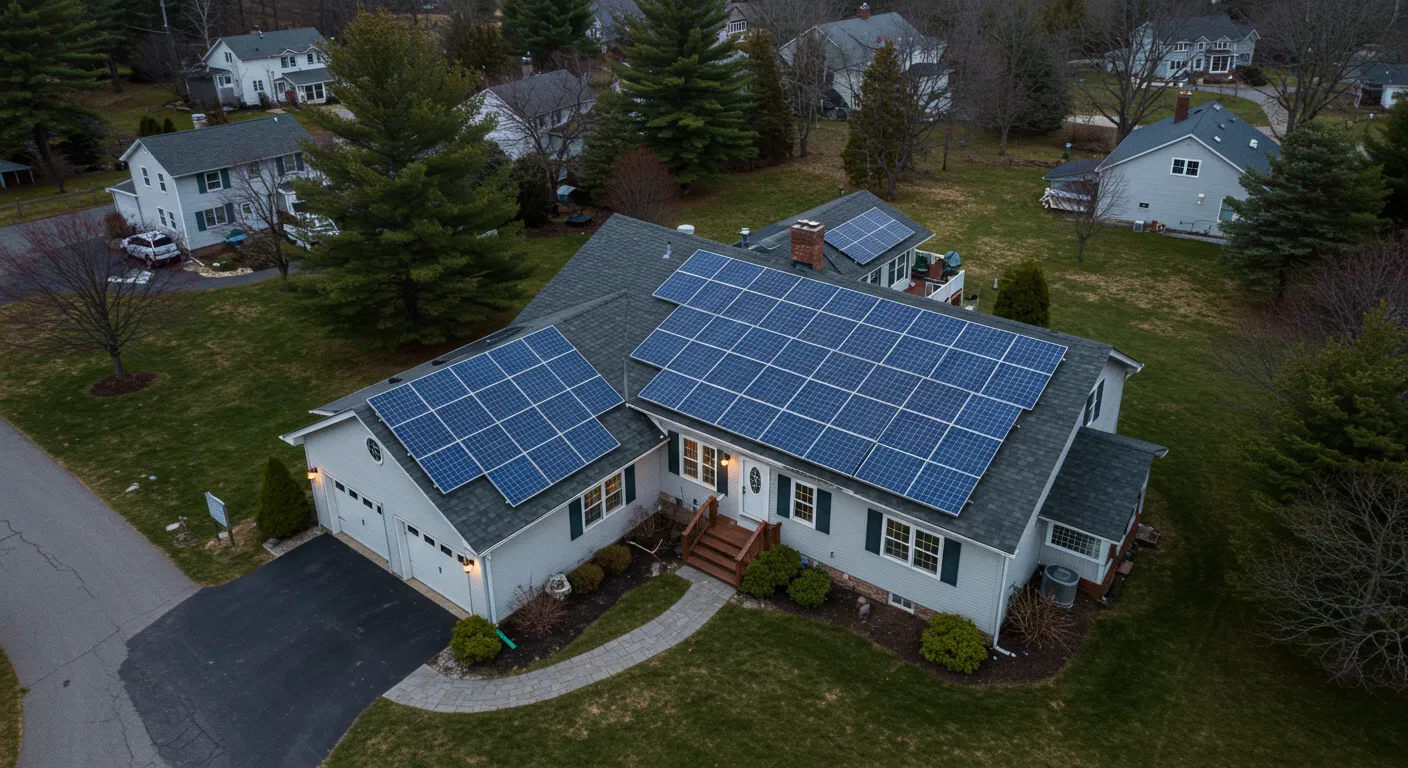 Evening aerial view of a house with multiple solar panels on the roof.