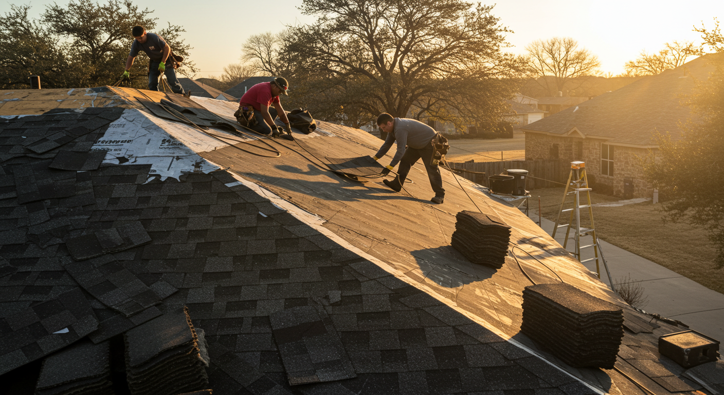 Step-by-step roof replacement process showing average time required