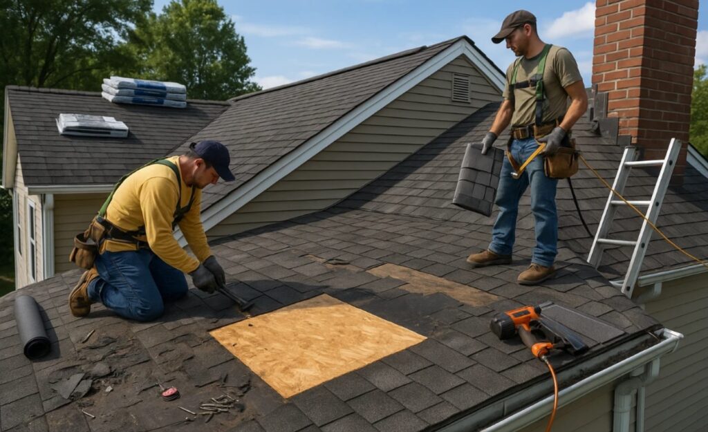 Homeowner reviewing whether to repair or fully replace the roof in Leominster.