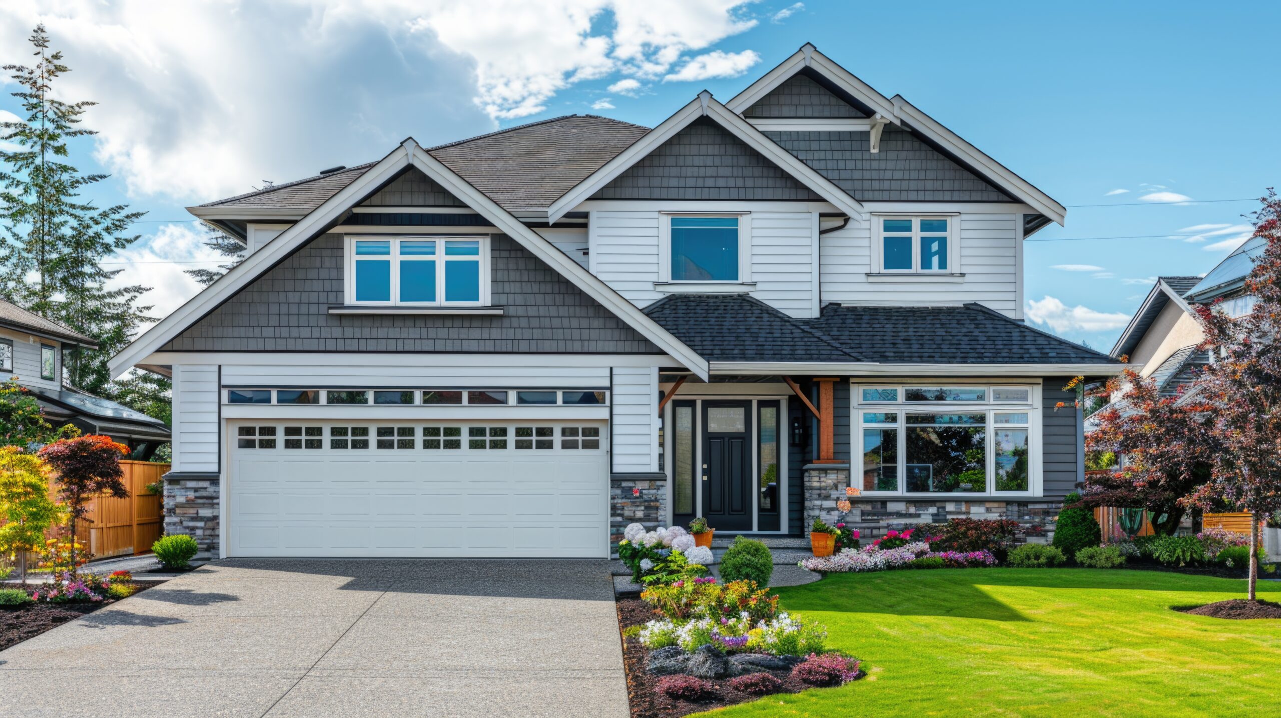A two-story white and gray house with a white garage door, a blue door, white windows, and a shingle roof.