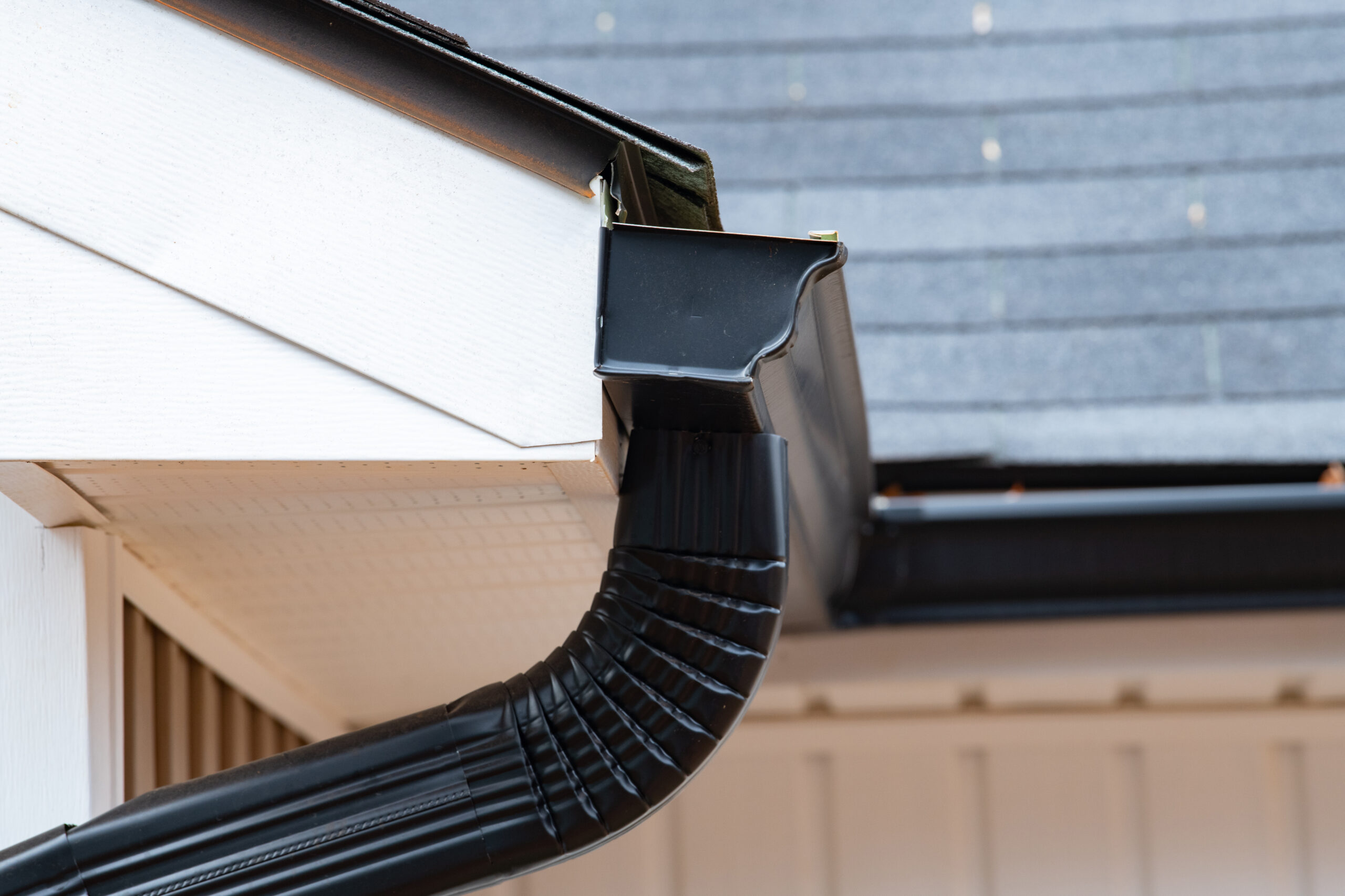 The end of black gutters and a black downspout on a gray house with white soffit and fascia and an asphalt shingle roof.