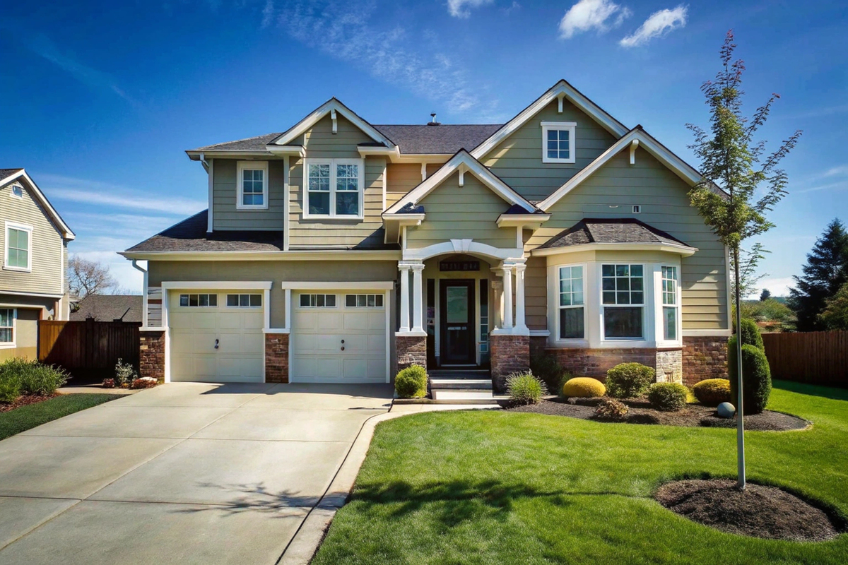 A two-story tan house with a stone base, two tan garage doors, white windows, and an asphalt shingle roof.