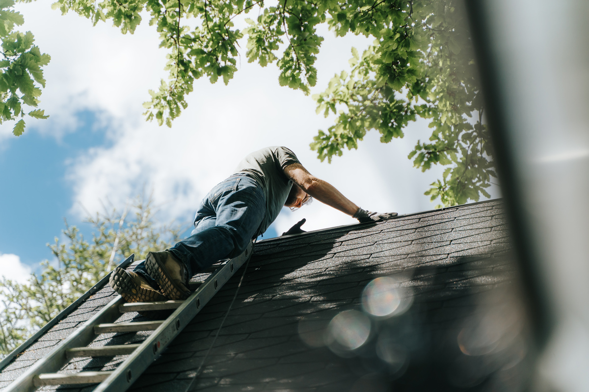 A close-up view of a roofer nailing new shingles on a roof during a replacement.