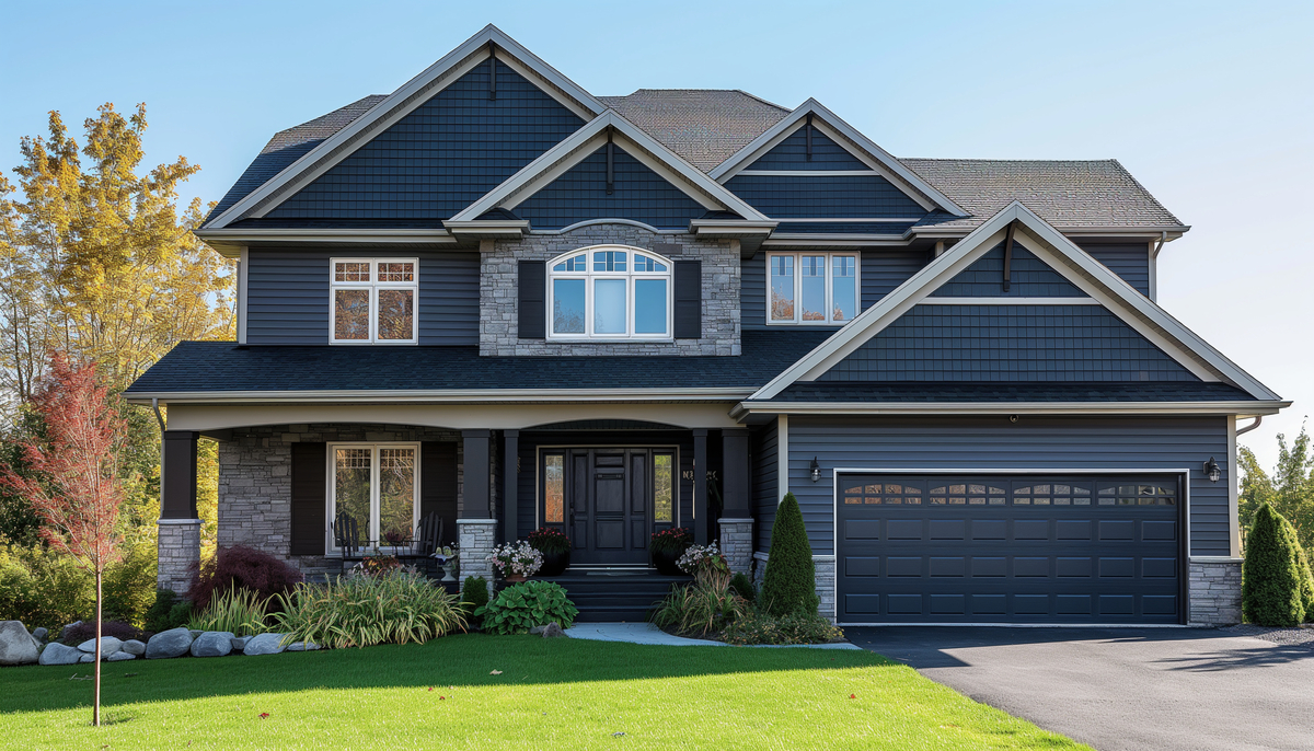 A two-story gray house with a red front door, white trim, white windows, and a shingle roof.