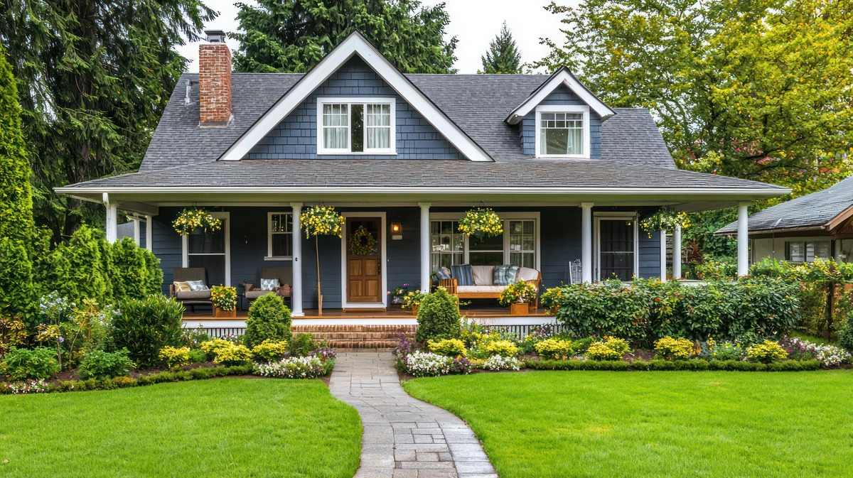 A two-story tan house with a white garage door, a wooden front door, white windows, and an asphalt shingle roof.