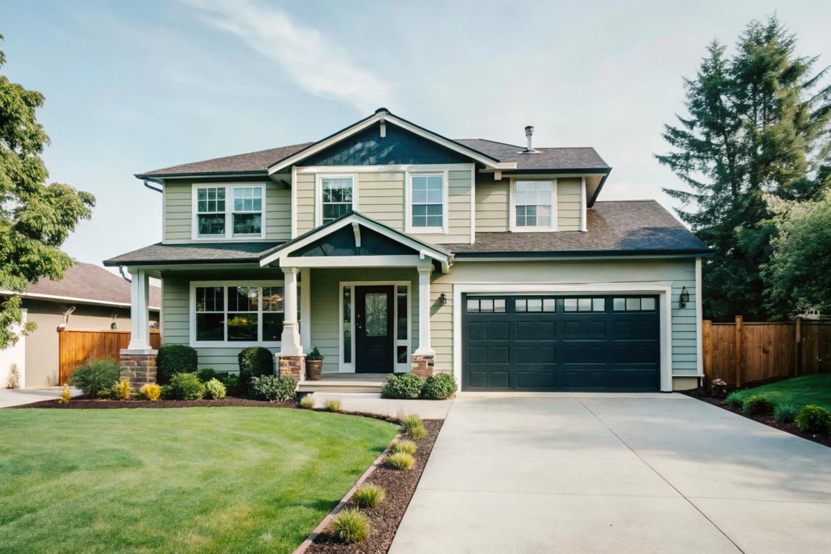 A two-story tan house with a black garage door, a wooden front door, white windows, and an asphalt shingle roof.