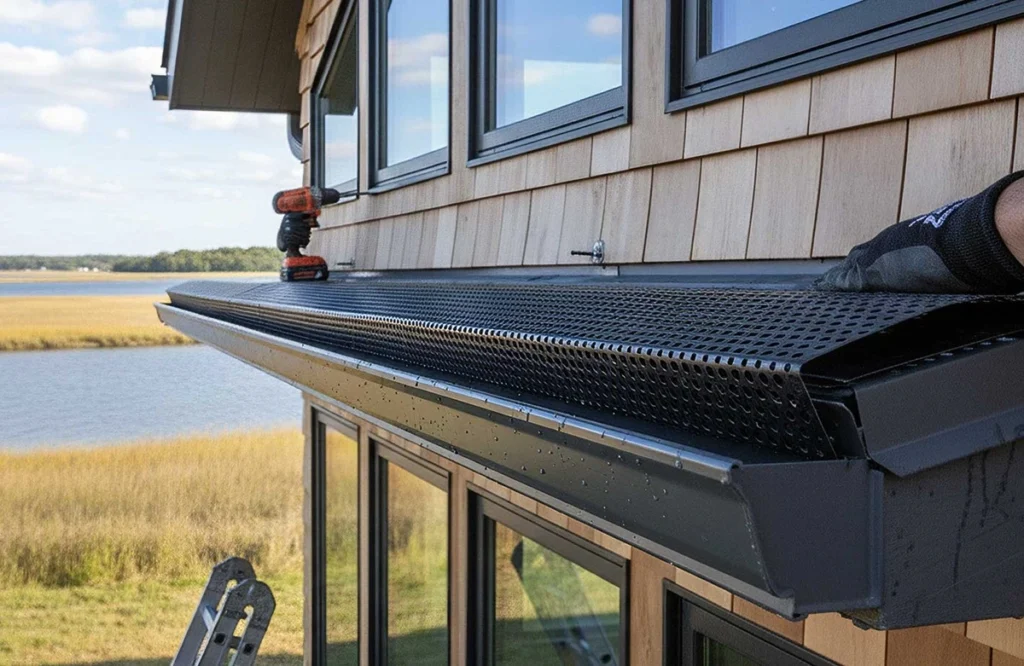 Massachusetts home exterior with a gutter guard system installed