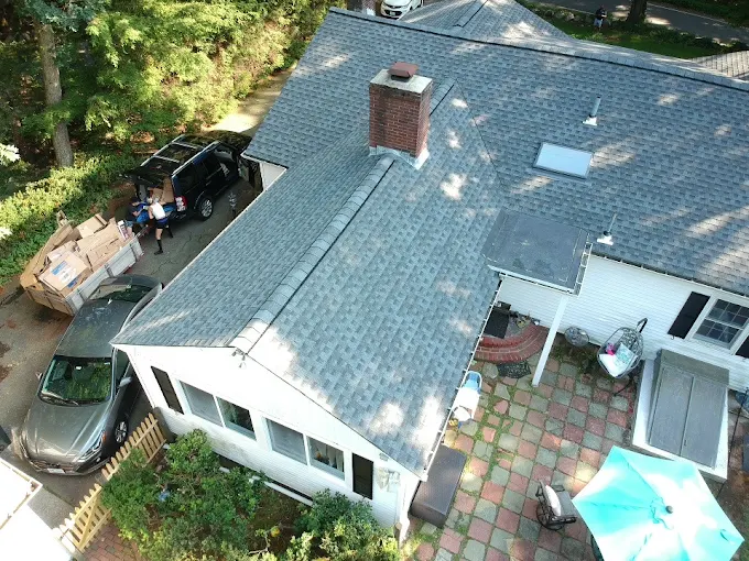 Aerial view of a completed residential roof installation