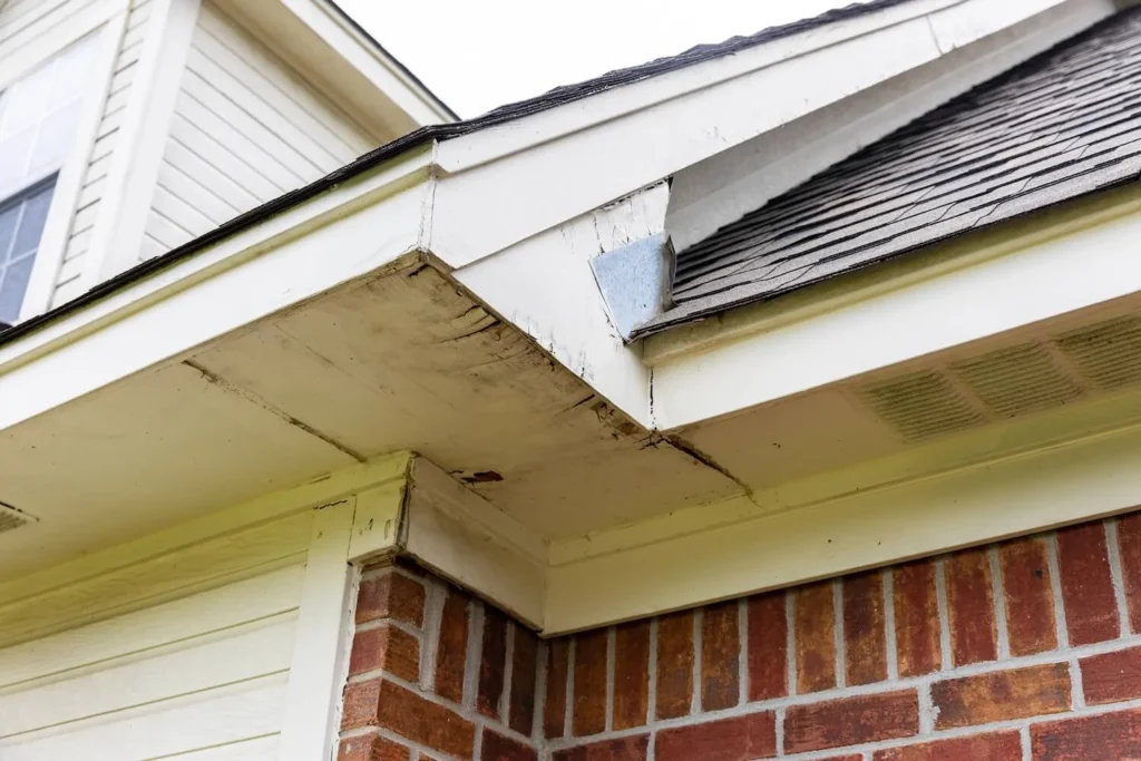 Close-up of rotted fascia board exposed behind a removed gutter