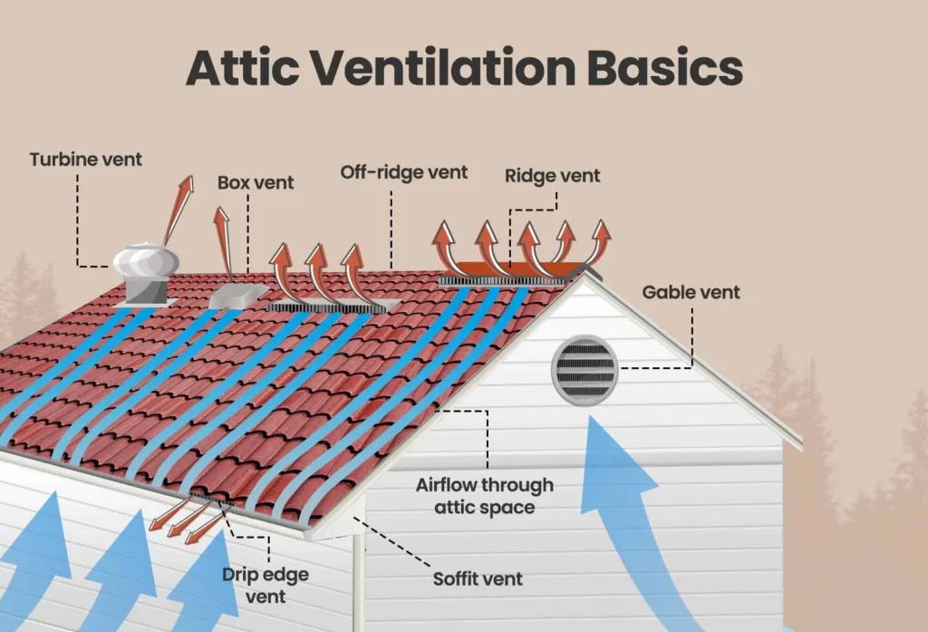 Cutaway showing balanced attic airflow from soffit intake vents