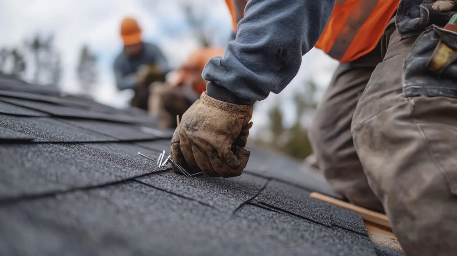 Roofer inspecting GAF shingle nailing