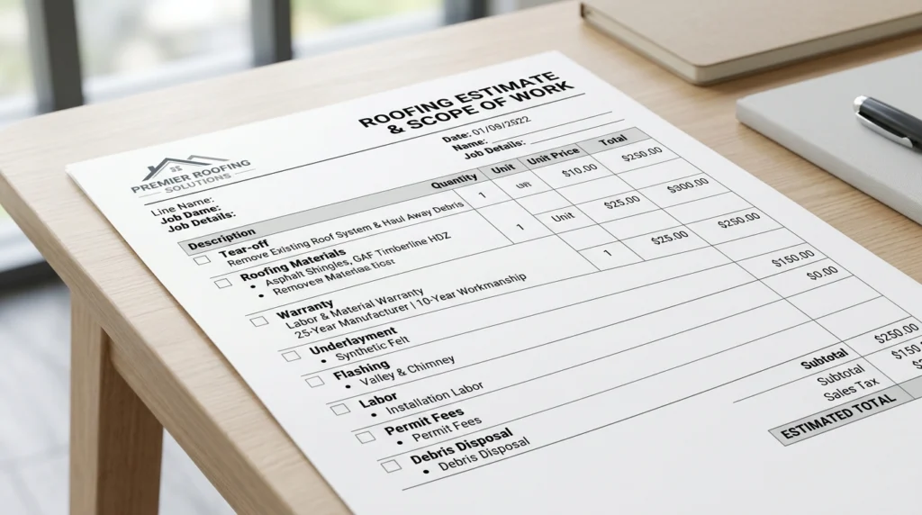 Sample itemized roofing estimate checklist showing tear-off, materials, and warranty line items