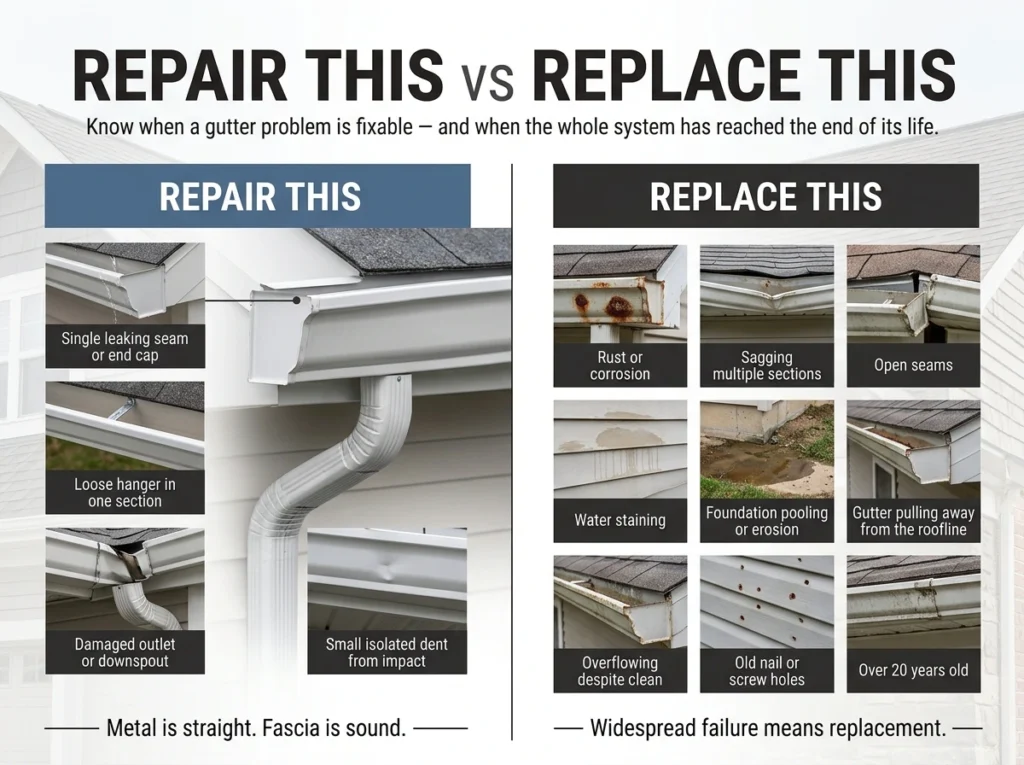 Two-column comparison infographic REPAIR THIS vs REPLACE