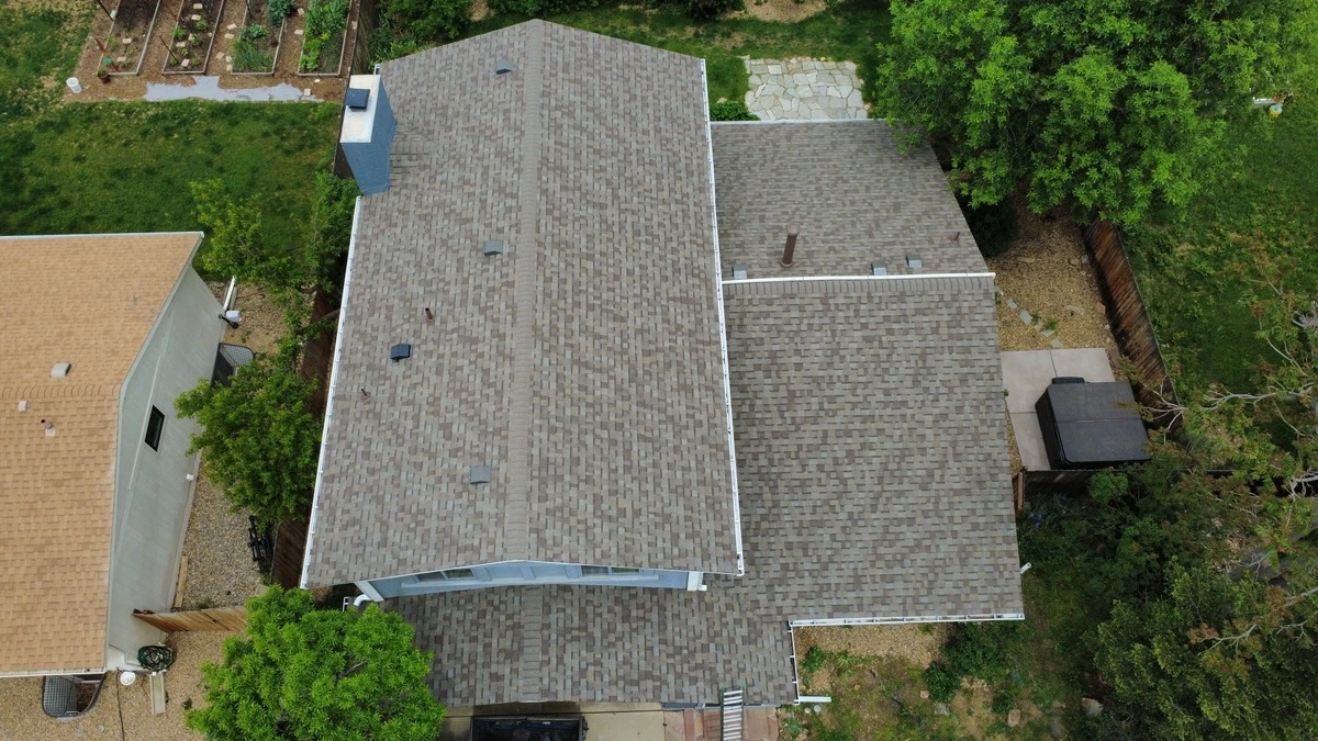 Real drone photo of a finished Brian M. LeBlanc Roofing asphalt shingle