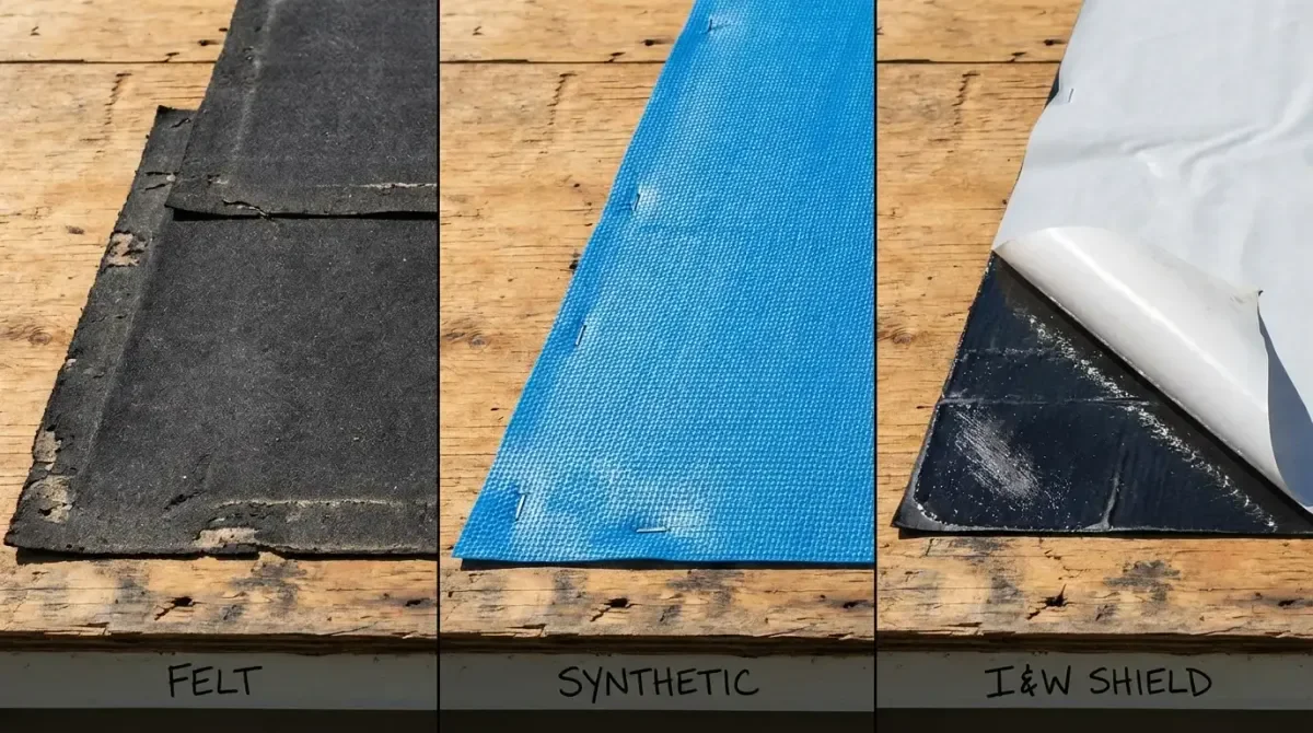 Roof underlayment types showing felt, synthetic, and ice and water shield layers