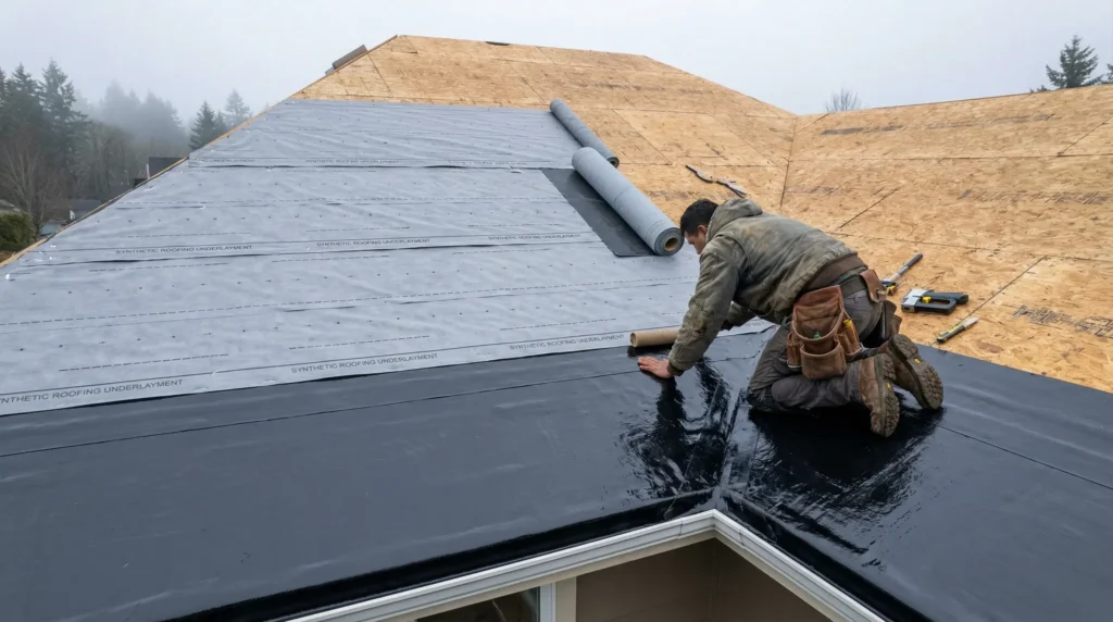 Roofer installing synthetic roof underlayment before shingles