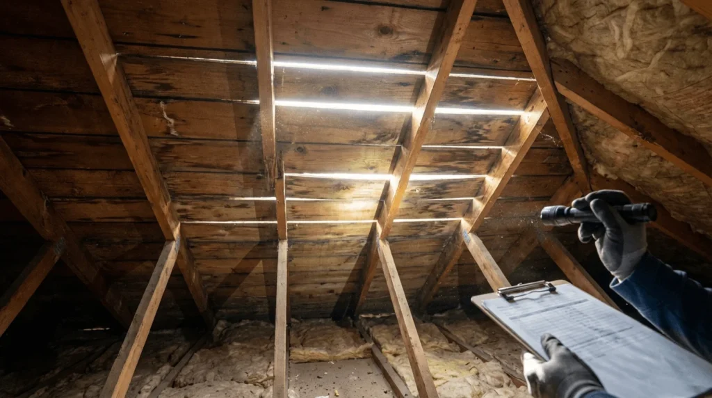 Roofing inspector checking attic decking