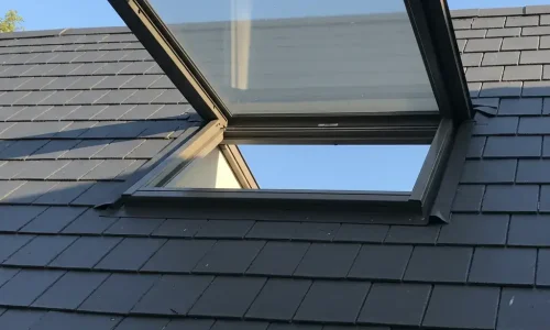 compressed_2 A closed skylight with double glass panes fitted on a roof with grey asphalt shingles, surrounded by black flashing.