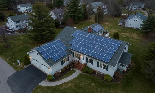 solar_panel_3 Evening aerial view of a house with multiple solar panels on the roof.